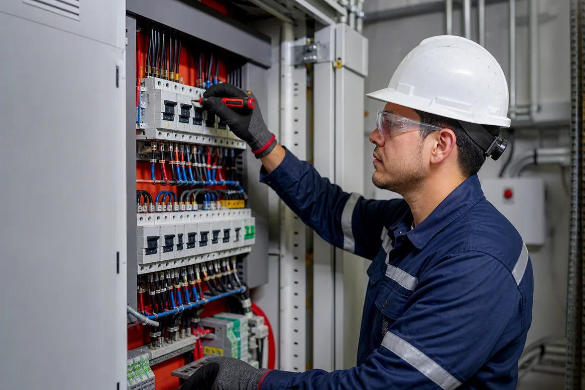 Técnico trabajando en un tablero eléctrico industrial