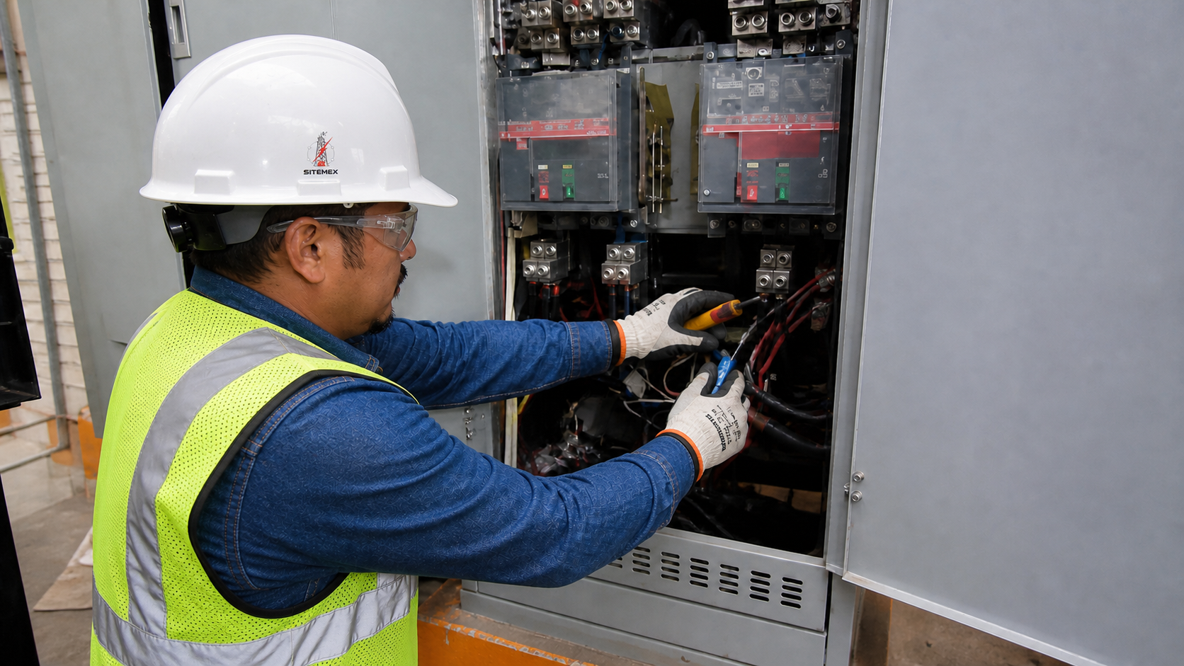 Técnico trabajando en un tablero eléctrico industrial