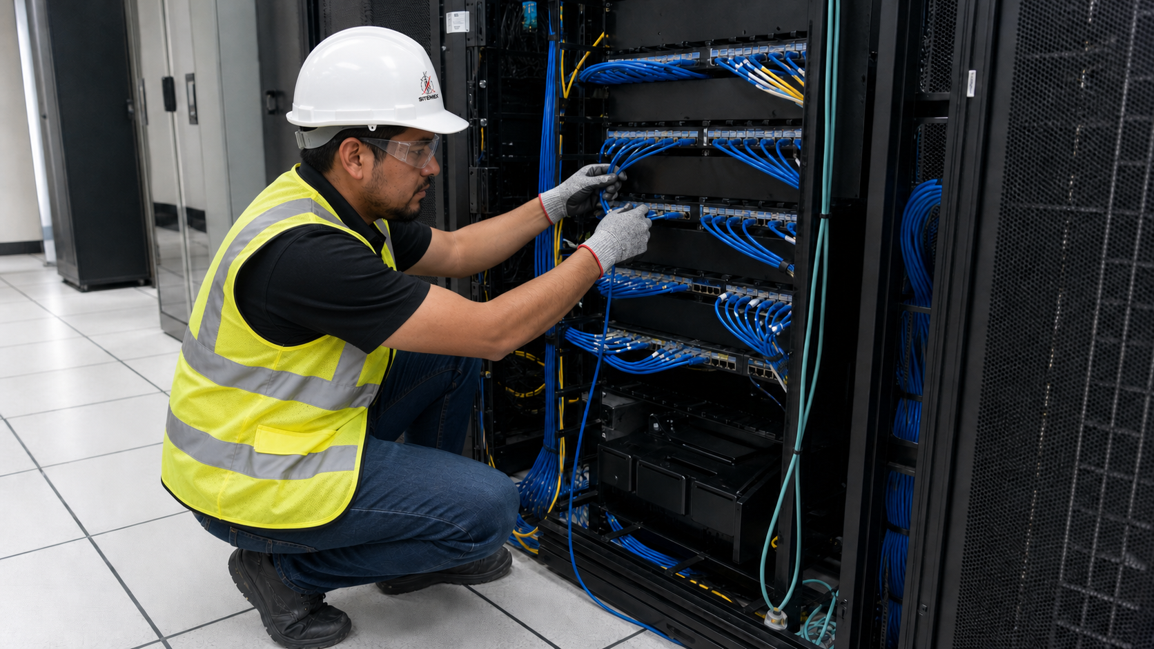 Técnico configurando equipos de telecomunicaciones