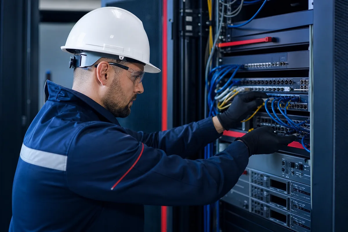 Técnico configurando equipos de telecomunicaciones