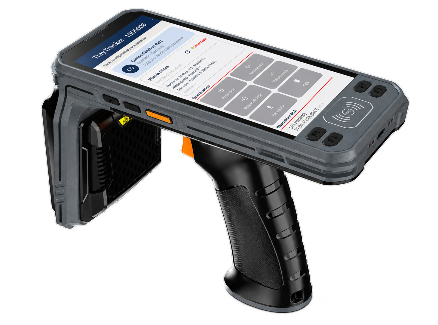 Lector RFID portátil con la aplicación TrayTracker en pantalla
