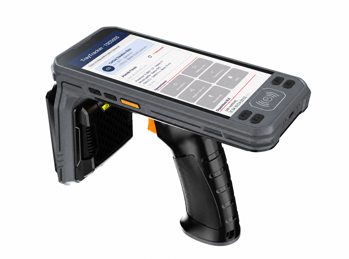 Lector RFID portátil con la aplicación TrayTracker en pantalla